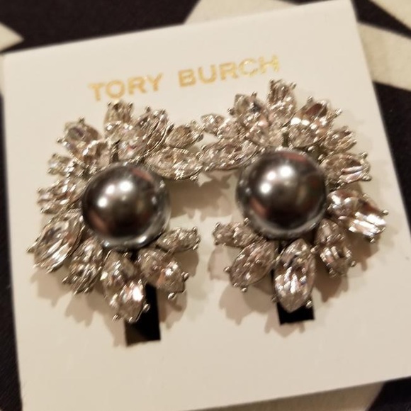 Tory Burch Pearl Silver Crystal SE Floral Earrings - Picture 8 of 8